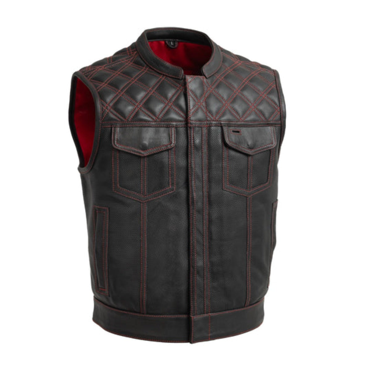 First Manufacturing Upside - Men's Motorcycle Perforated Leather Vest, Black/Red