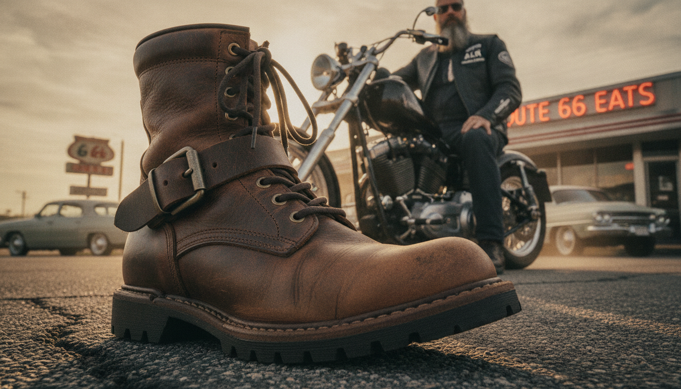 Biker wearing Wide-Fit Iron Reign boots at roadside diner