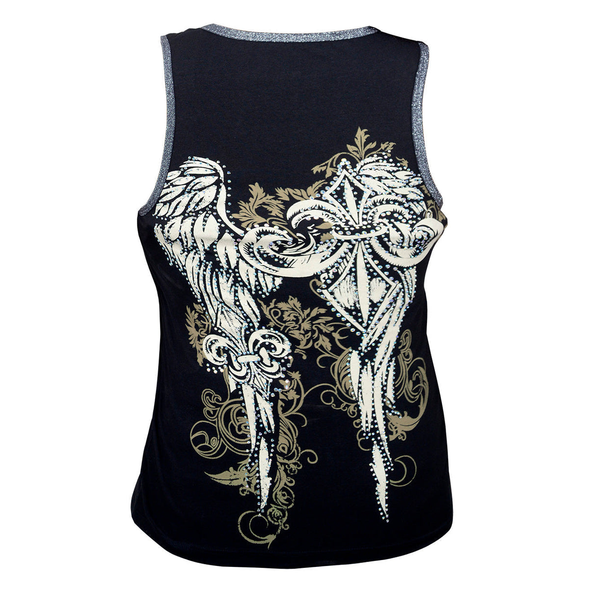 Fluer - Wings and Fluer De Lis Black Tank Topwith Zipper and Studs