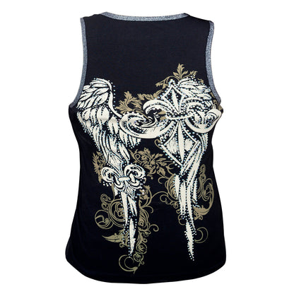 Fluer - Wings and Fluer De Lis Black Tank Topwith Zipper and Studs