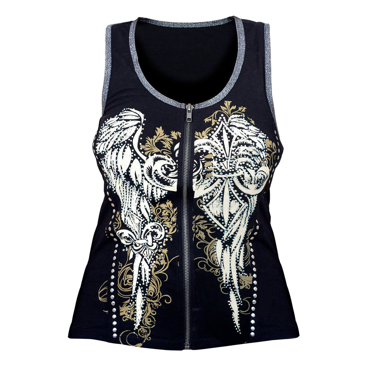 Fluer - Wings and Fluer De Lis Black Tank Topwith Zipper and Studs