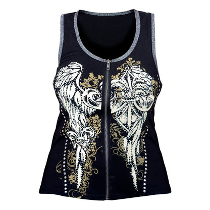 Fluer - Wings and Fluer De Lis Black Tank Topwith Zipper and Studs