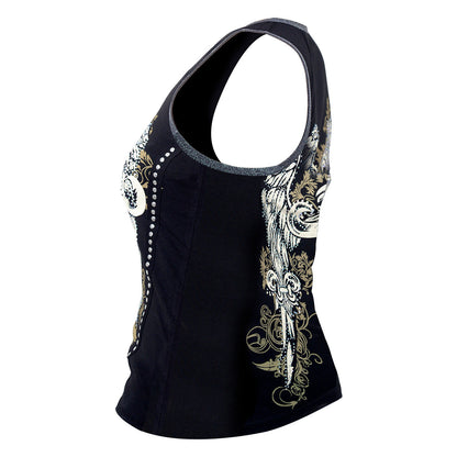 Fluer - Wings and Fluer De Lis Black Tank Topwith Zipper and Studs