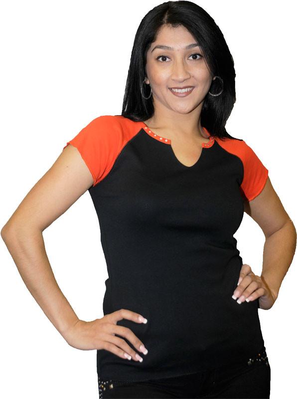 Ladies Shirt with Contrast Sleeves and Rhinestone Neckline
