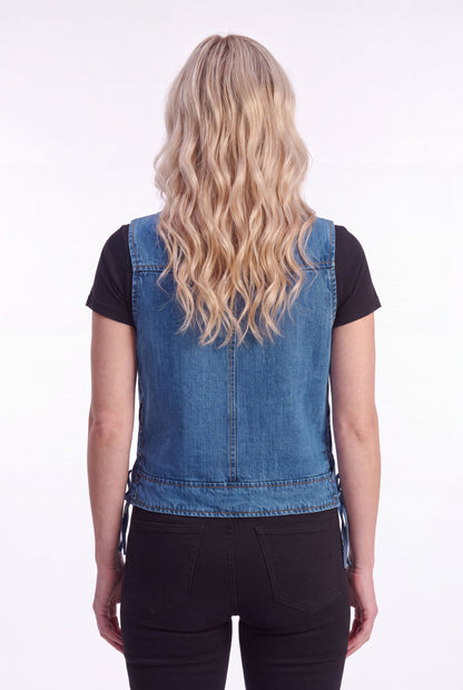 Women's Blue Denim V Neck Vest with Zipper & Side Laces