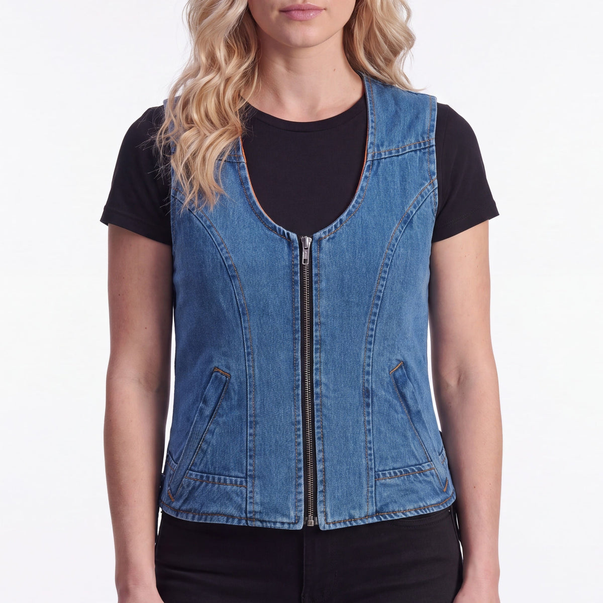 Women's Blue Denim V Neck Vest with Zipper & Side Laces