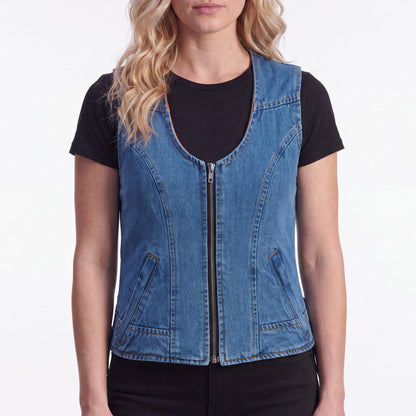 Women's Blue Denim V Neck Vest with Zipper & Side Laces