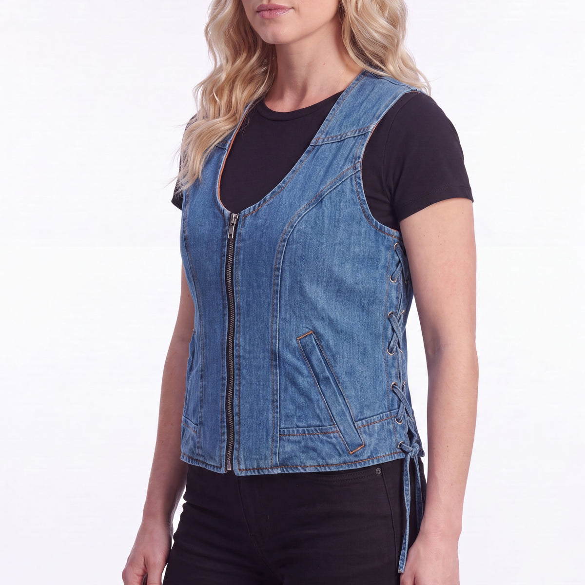 Women's Blue Denim V Neck Vest with Zipper & Side Laces