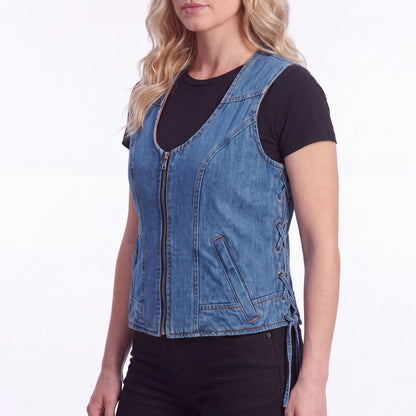 Women's Blue Denim V Neck Vest with Zipper & Side Laces