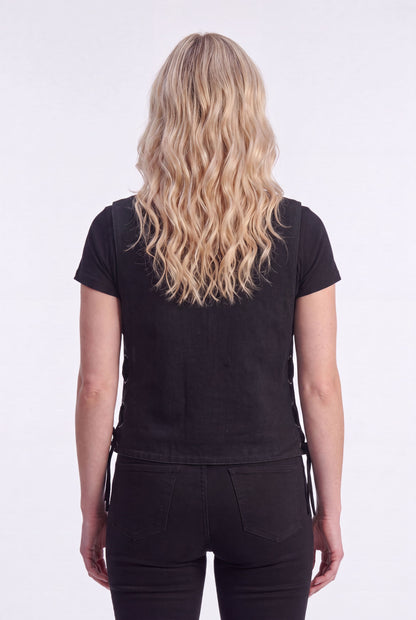 Womens Black Denim V Neck with Snap Opening & Side Laces Motorcycle Vest