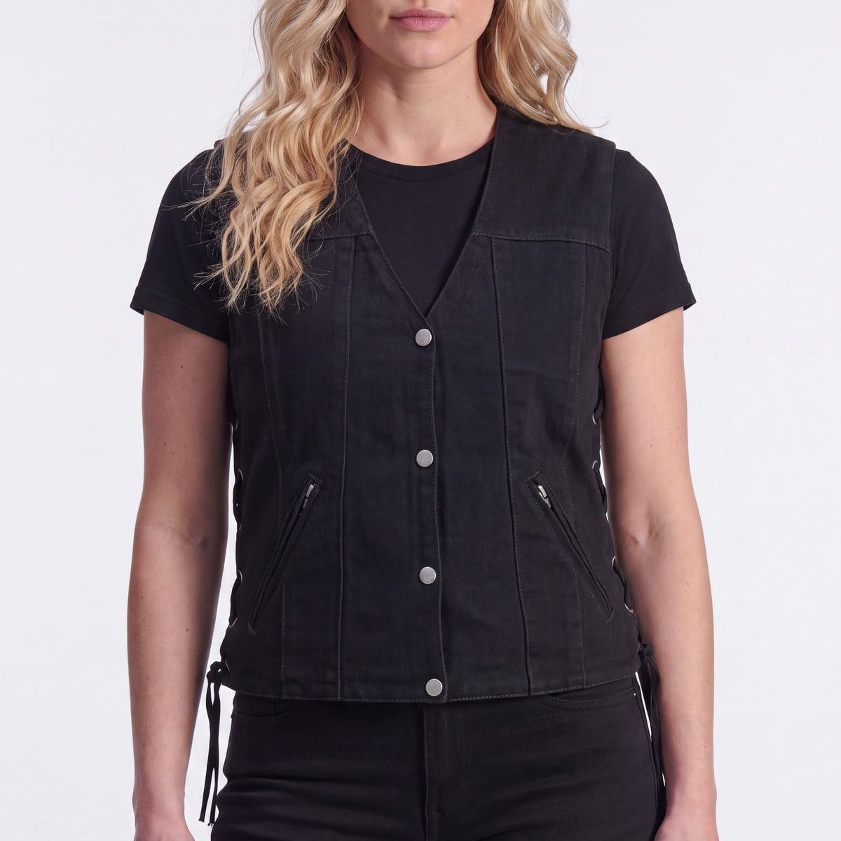 Womens Black Denim V Neck with Snap Opening & Side Laces Motorcycle Vest