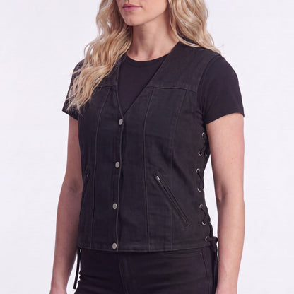 Womens Black Denim V Neck with Snap Opening & Side Laces Motorcycle Vest