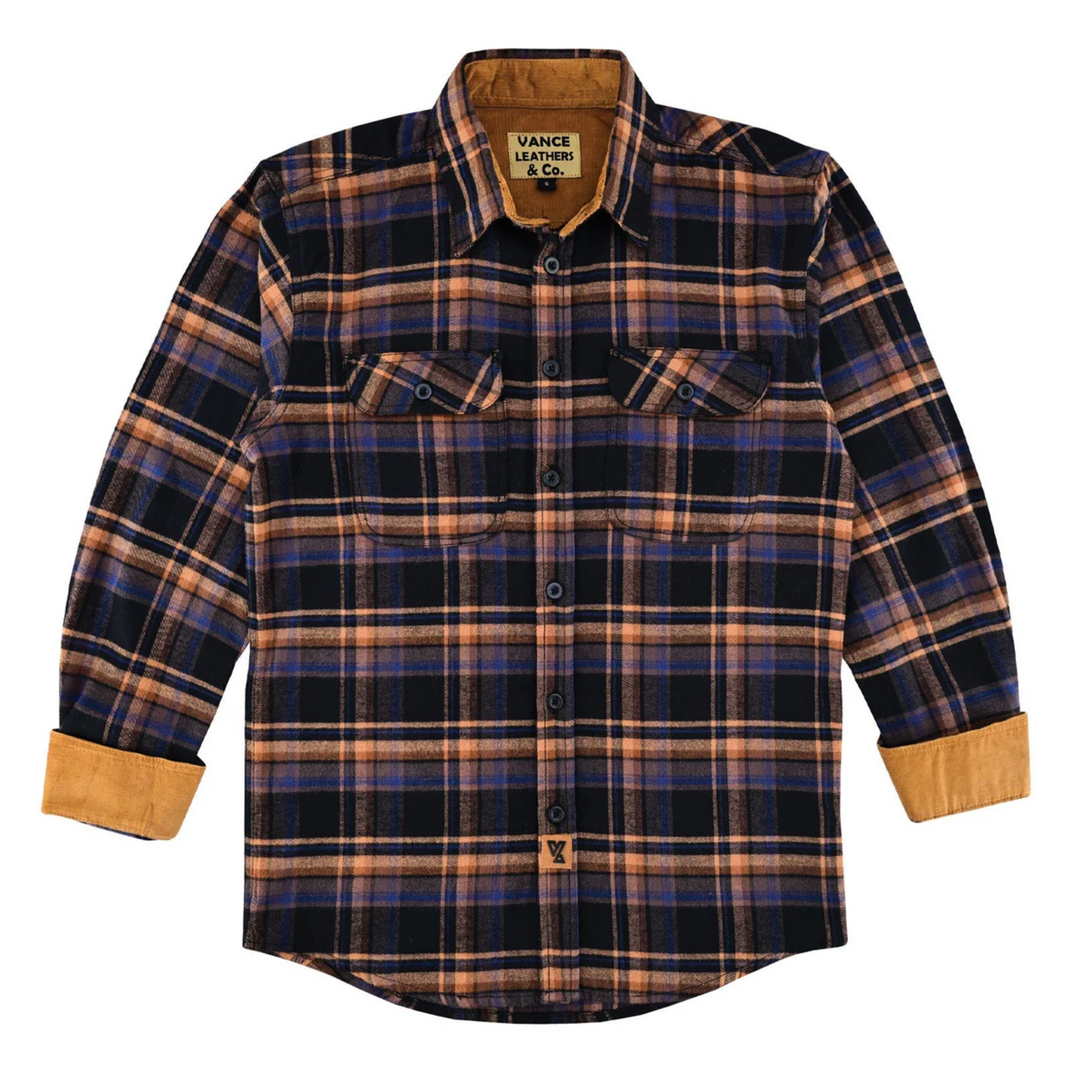 Vance Leather VB1712BT Men's Lumberjacket Midnight Rust Long Sleeve Plaid Button Down Casual Flannel Shirt, 100% Cotton, Corduroy Cuffs