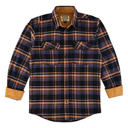 Vance Leather VB1712BT Men's Lumberjacket Midnight Rust Long Sleeve Plaid Button Down Casual Flannel Shirt, 100% Cotton, Corduroy Cuffs