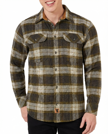 Vance Leather VB1713TG Tuscan Gold Men's Long Sleeve Plaid Button Down Casual Flannel Shirt, 100% Cotton, Corduroy Cuffs
