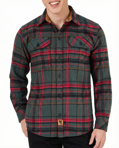 Woodlot Men's Long Sleeve Plaid Button Down Casual Flannel Shirt, 100% Cotton, Corduroy Cuffs