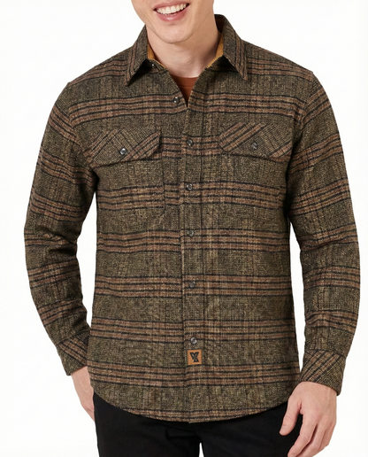 Vance Leather VB1715BRN Sequoia Men's Long Sleeve Plaid Button Down Casual Flannel Shirt, 100% Cotton, Corduroy Cuffs