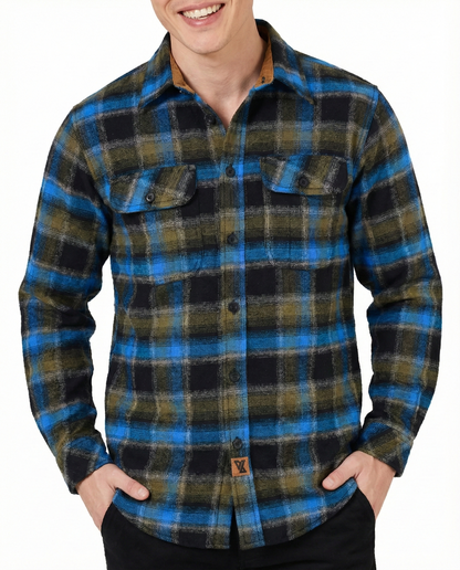 Vance Leather VB1716BrBl Plaid River Men's Long Sleeve Plaid Button Down Casual Flannel Shirt, 100% Cotton, Corduroy Cuffs
