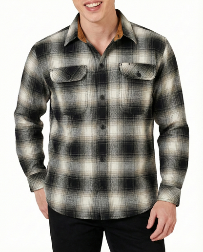 Vance Leather VB1717WGB Men's Timberwolf Long Sleeve Plaid Button Down Casual Flannel Shirt, 100% Cotton, Corduroy Cuffs