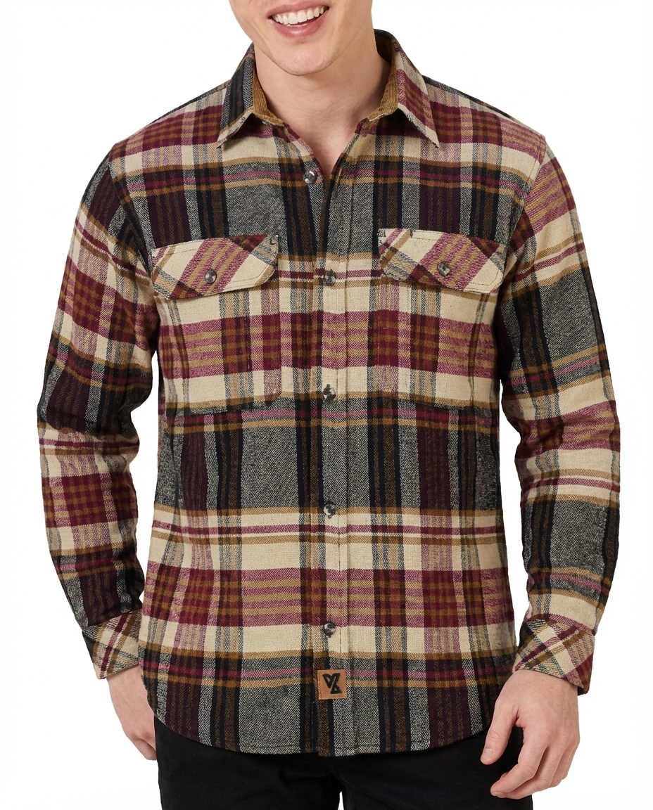 Vance Leather VB1718MCr Men's Cedarwood Plaid Long Sleeve Plaid Button Down Casual Flannel Shirt, 100% Cotton, Corduroy Cuffs