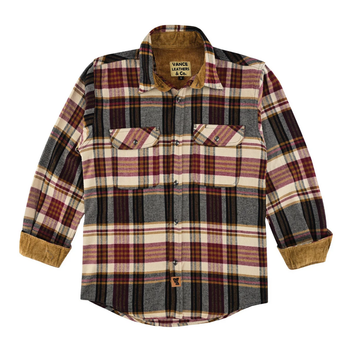 Vance Leather VB1718MCr Men's Cedarwood Plaid Long Sleeve Plaid Button Down Casual Flannel Shirt, 100% Cotton, Corduroy Cuffs