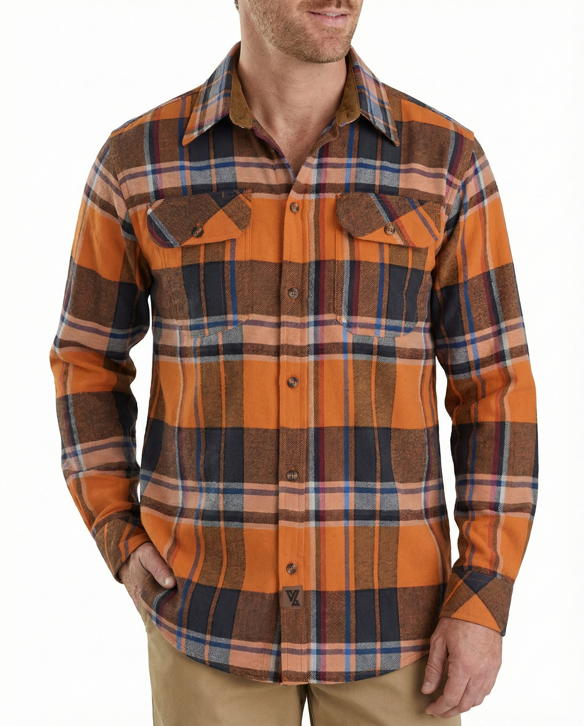 Men's Cobalt Long Sleeve Plaid Button Down Casual Flannel Shirt, 100% Cotton, Corduroy Collar & Cuffs