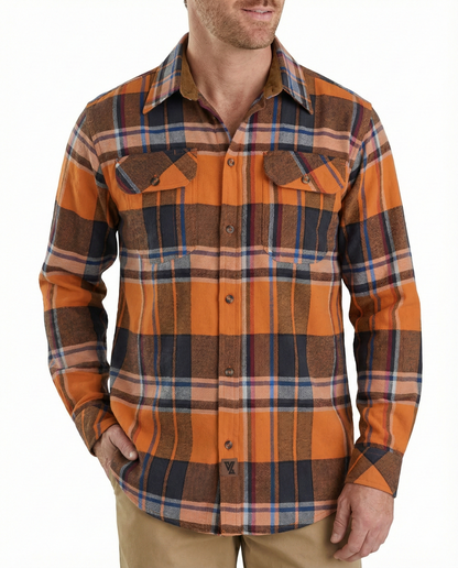 Men's Cobalt Long Sleeve Plaid Button Down Casual Flannel Shirt, 100% Cotton, Corduroy Collar & Cuffs
