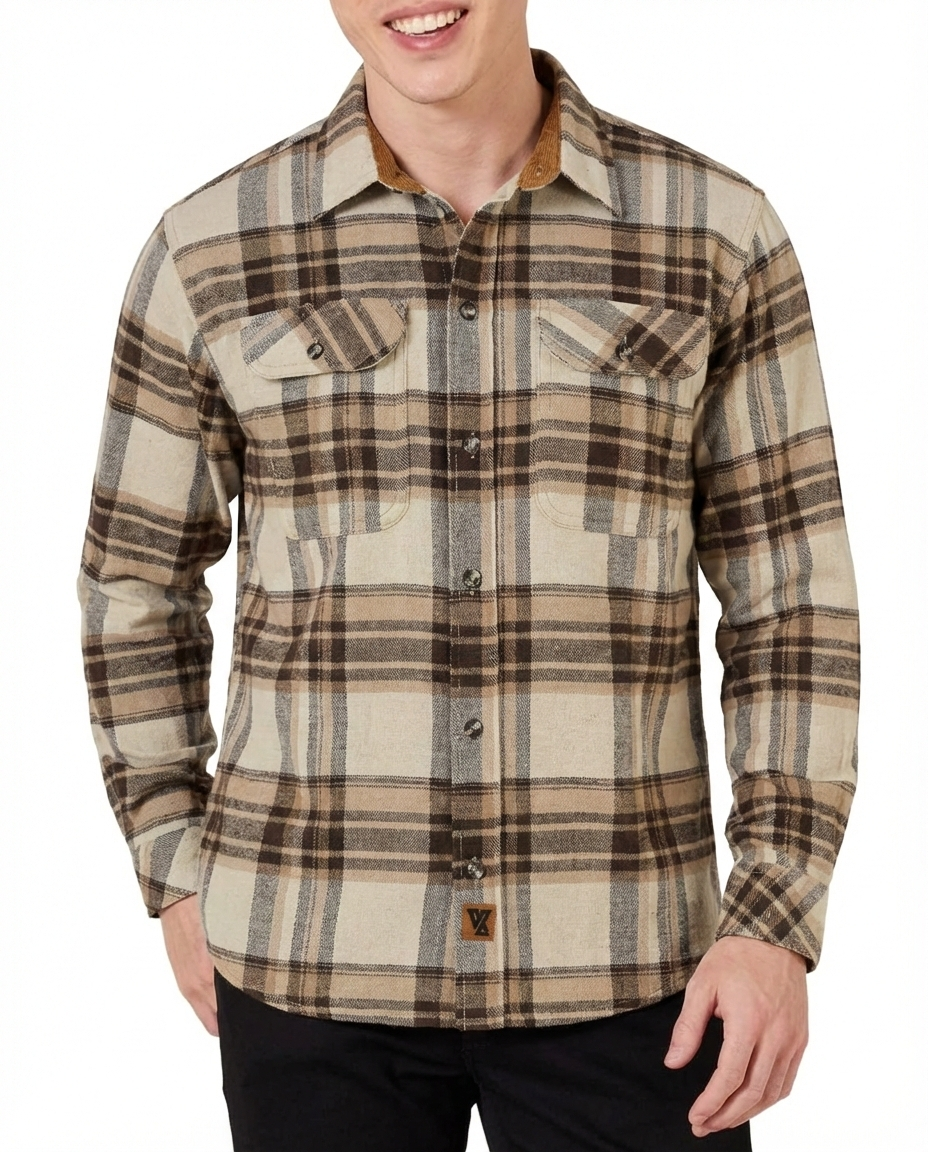 Vance Leather VB1720CoCr Men's Coffee & Cream Long Sleeve Plaid Button Down Casual Flannel Shirt, 100% Cotton, Corduroy Cuffs