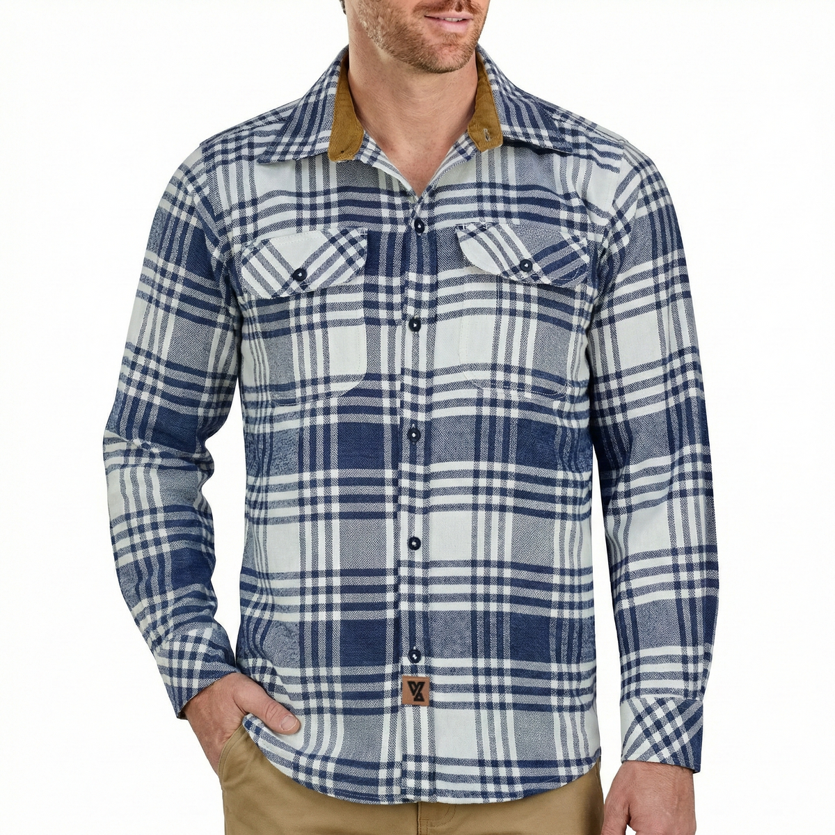 Men's Glacier Blue & White Long Sleeve Plaid Button Down Casual Flannel Shirt, 100% Cotton, Corduroy Collar & Cuffs