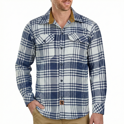 Men's Glacier Blue & White Long Sleeve Plaid Button Down Casual Flannel Shirt, 100% Cotton, Corduroy Collar & Cuffs