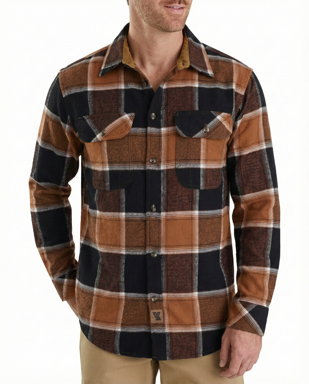 Men's Ironwood Long Sleeve Plaid Button Down Casual Flannel Shirt, 100% Cotton, Corduroy Collar & Cuffs