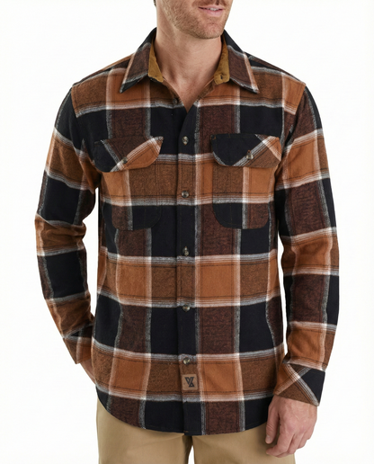Men's Ironwood Long Sleeve Plaid Button Down Casual Flannel Shirt, 100% Cotton, Corduroy Collar & Cuffs