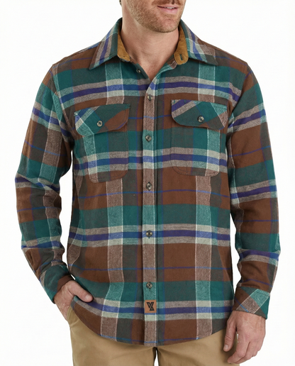 Men's Smoky Mountain Long Sleeve Plaid Button Down Casual Flannel Shirt, 100% Cotton, Corduroy Collar & Cuffs