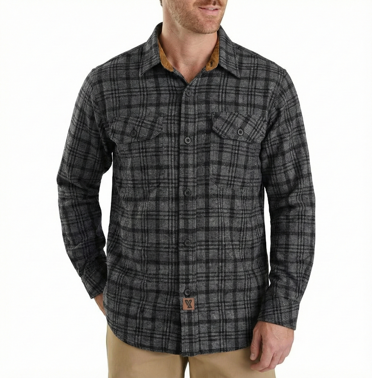 Men's Dark Truffle Long Sleeve Plaid Button Down Casual Flannel Shirt, 100% Cotton, Corduroy Collar & Cuffs
