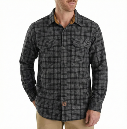 Men's Dark Truffle Long Sleeve Plaid Button Down Casual Flannel Shirt, 100% Cotton, Corduroy Collar & Cuffs