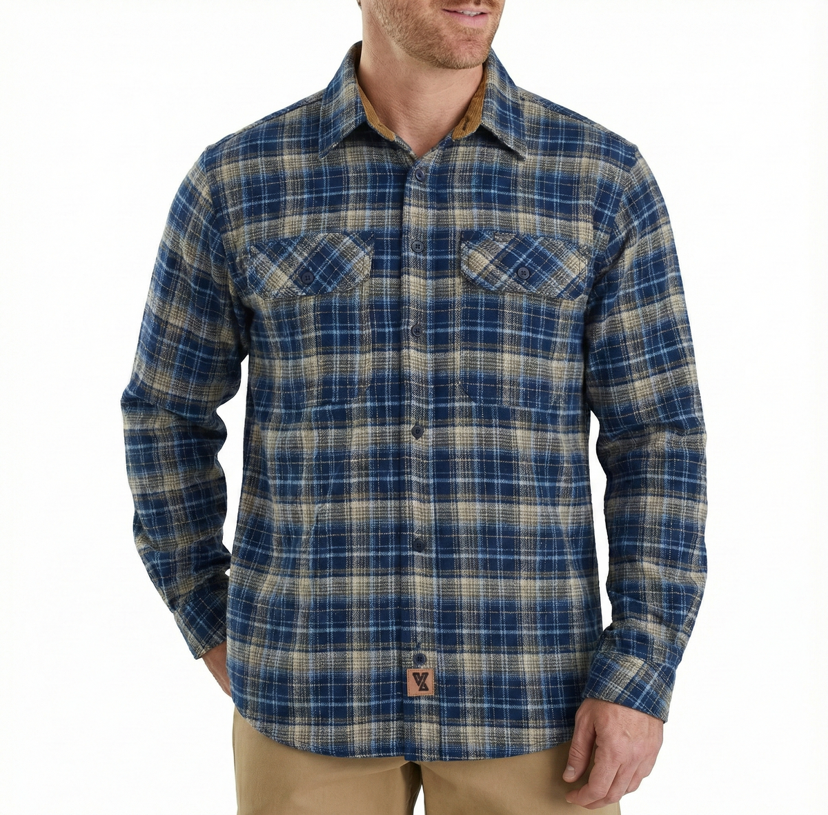 Men's Keen Midnight Long Sleeve Plaid Button Down Casual Flannel Shirt, 100% Cotton, Corduroy Collar & Cuffs