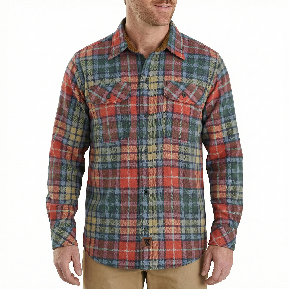 Men's Amber Color Plaid Long Sleeve Plaid Button Down Casual Flannel Shirt, 100% Cotton, Corduroy Collar & Cuffs