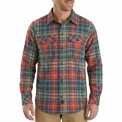 Men's Amber Color Plaid Long Sleeve Plaid Button Down Casual Flannel Shirt, 100% Cotton, Corduroy Collar & Cuffs