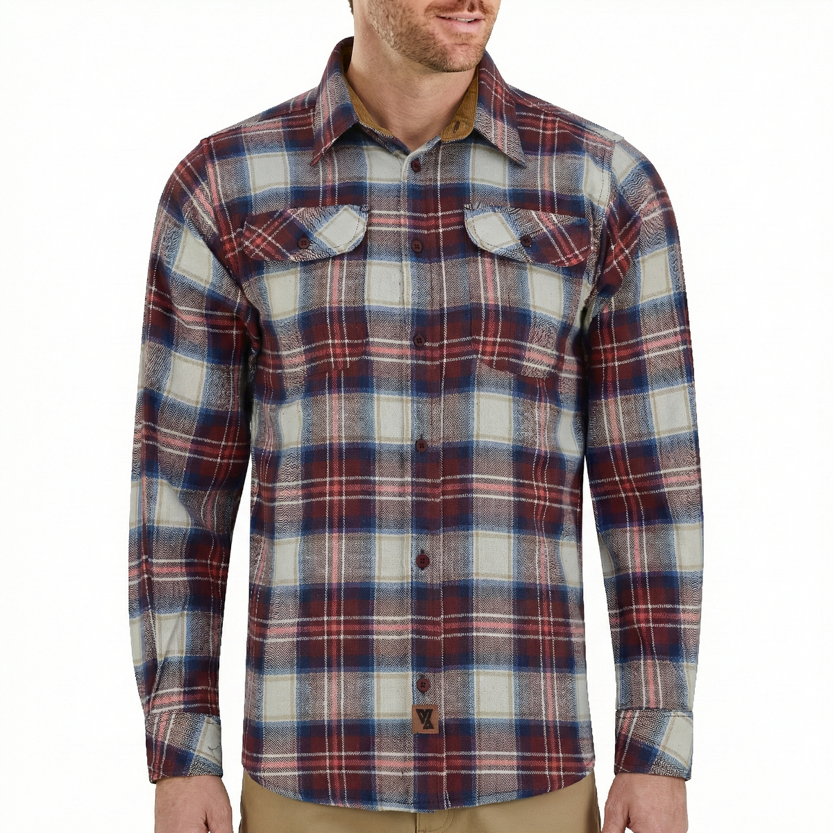 Men's Merlot Long Sleeve Plaid Button Down Casual Flannel Shirt, 100% Cotton, Corduroy Collar & Cuffs