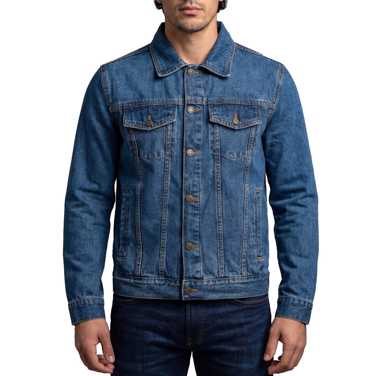 Vance Mens Blue Heavy Duty Denim Button Front Motorcycle Jacket, Jean Jacket for Men