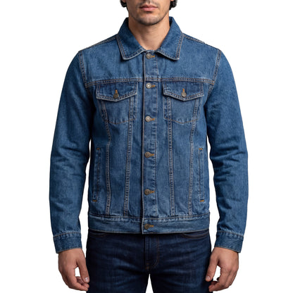 Vance Mens Blue Heavy Duty Denim Button Front Motorcycle Jacket, Jean Jacket for Men