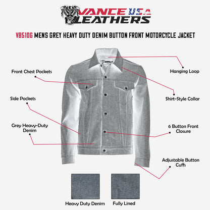 Vance Mens Grey Heavy Duty Denim Button Front Motorcycle Jacket, Jean Jacket for Men