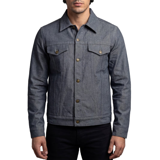 Vance Mens Grey Heavy Duty Denim Button Front Motorcycle Jacket, Jean Jacket for Men
