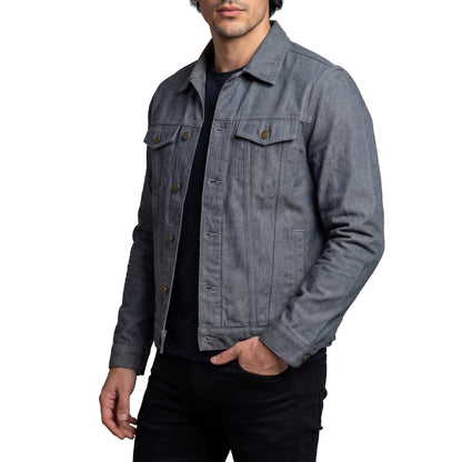 Vance Mens Grey Heavy Duty Denim Button Front Motorcycle Jacket, Jean Jacket for Men