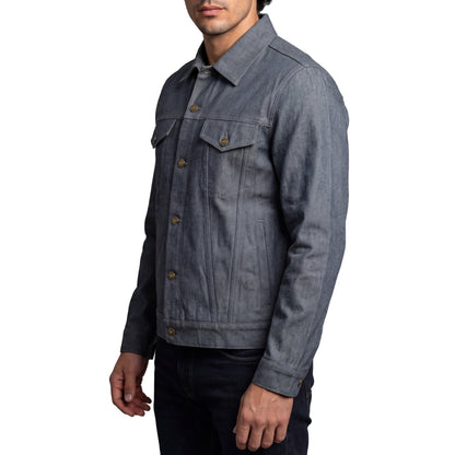 Vance Mens Grey Heavy Duty Denim Button Front Motorcycle Jacket, Jean Jacket for Men