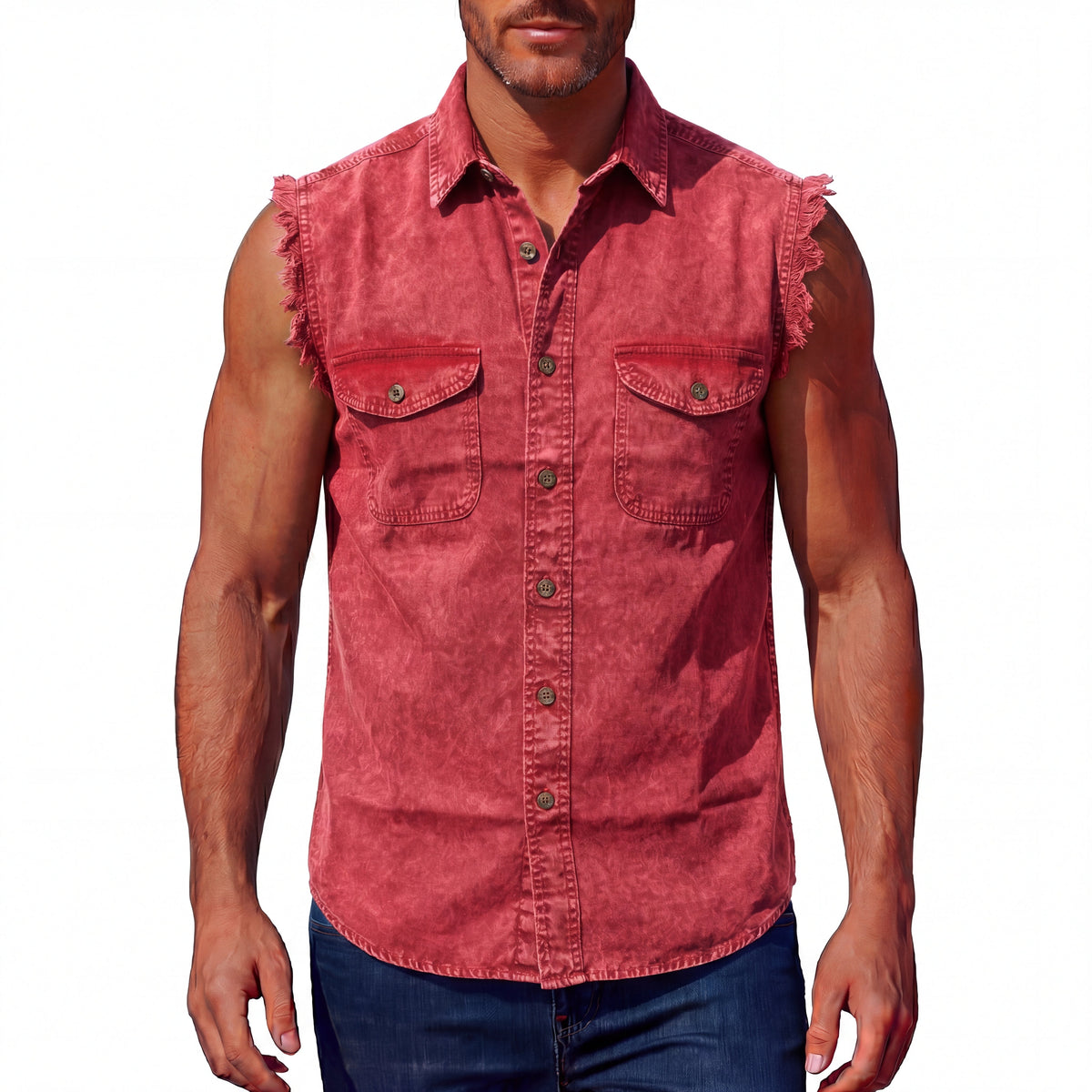 Mens Cutoffs Red Acid Wash Shirt