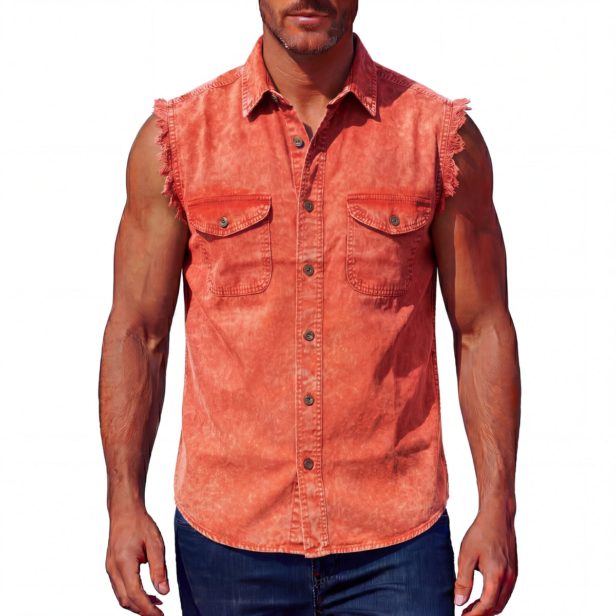 Mens Cutoffs Orange Acid Wash Shirt