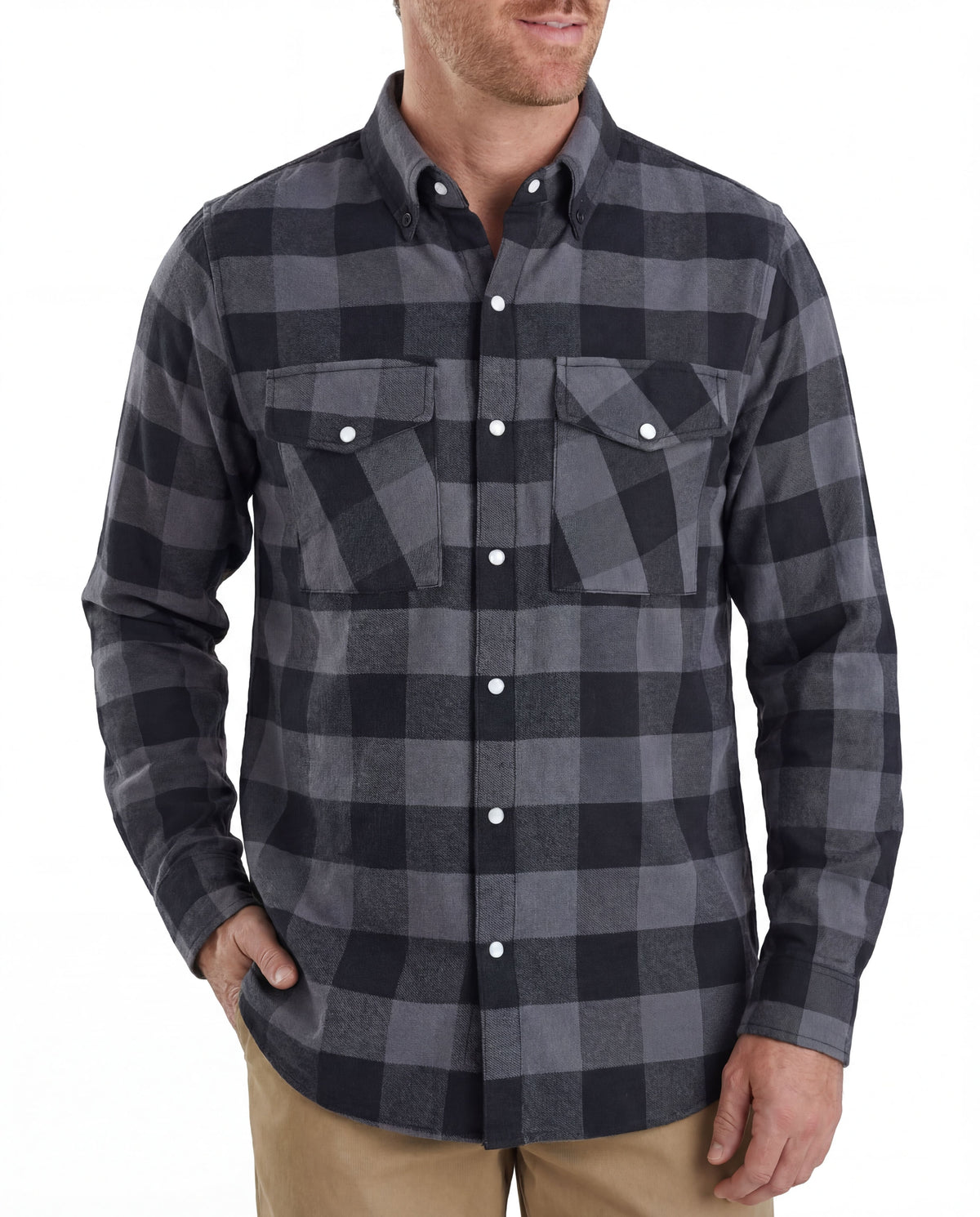 Vance Grey Men's Long Sleeve Plaid Snap Down Casual Flannel Shirt, 100% Cotton