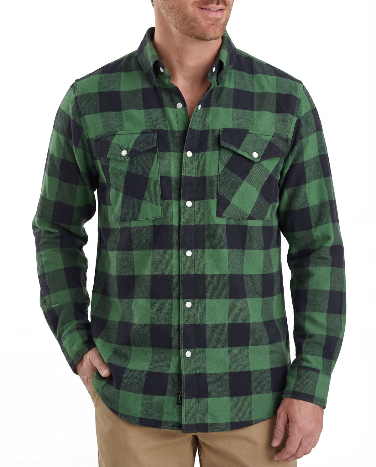 Vance VB740GnB Green Men's Long Sleeve Plaid Snap Down Casual Flannel Shirt, 100% Cotton