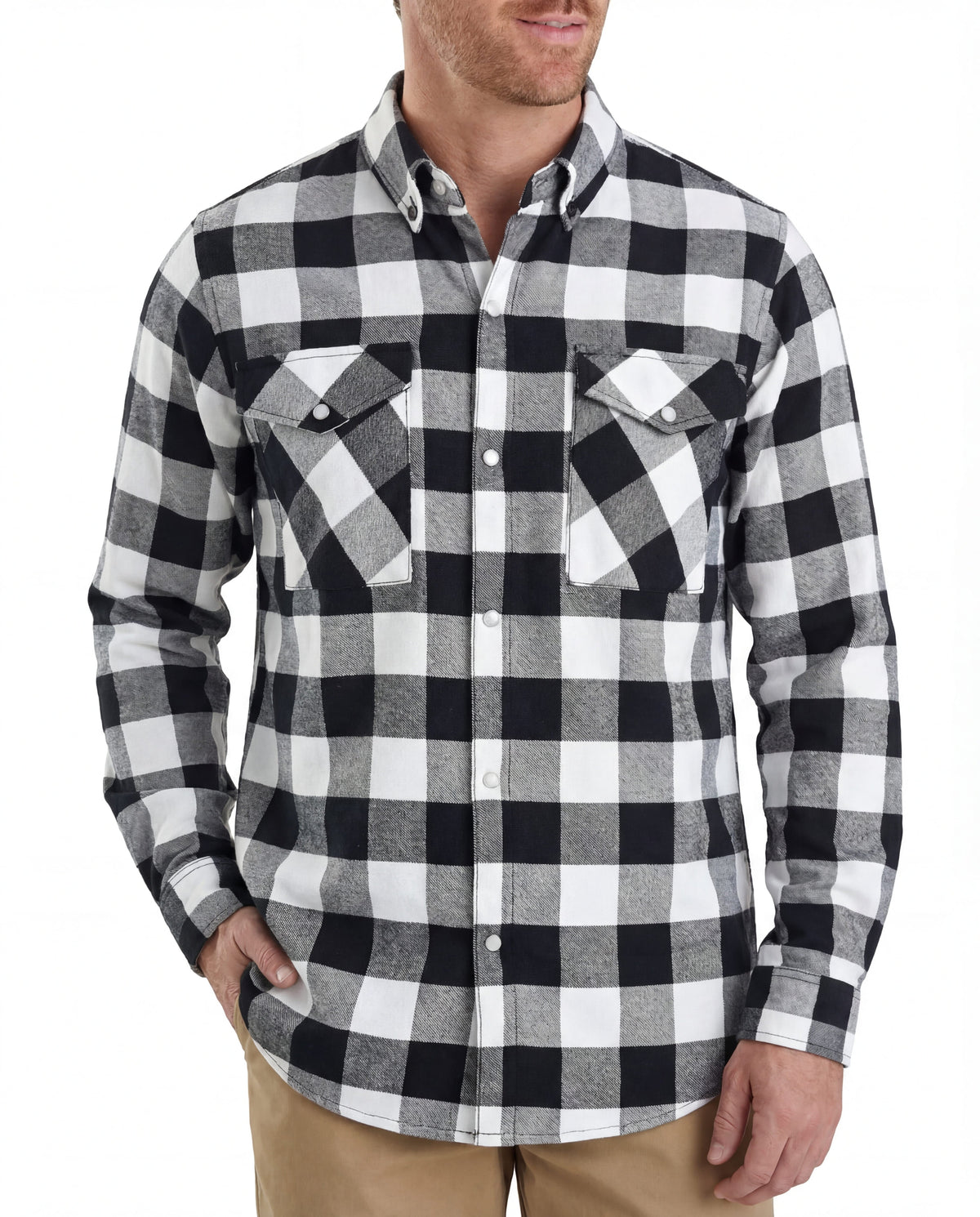 Vance White & Black Men's Long Sleeve Plaid Snap Down Casual Flannel Shirt, 100% Cotton